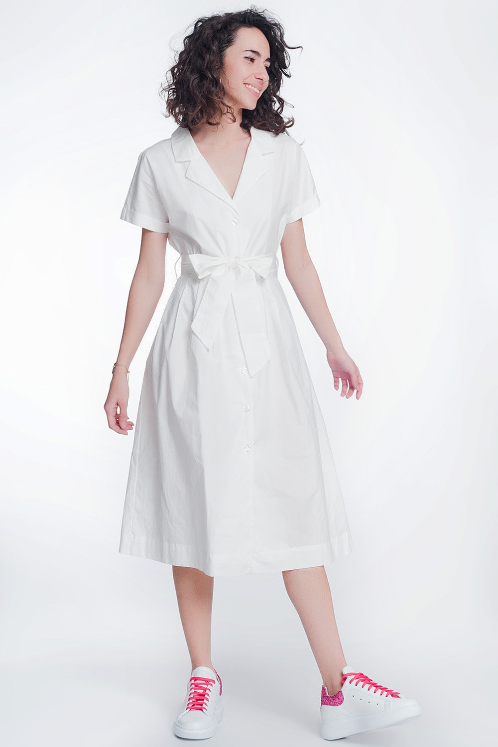 White Poplin Shirt Dress With Belt